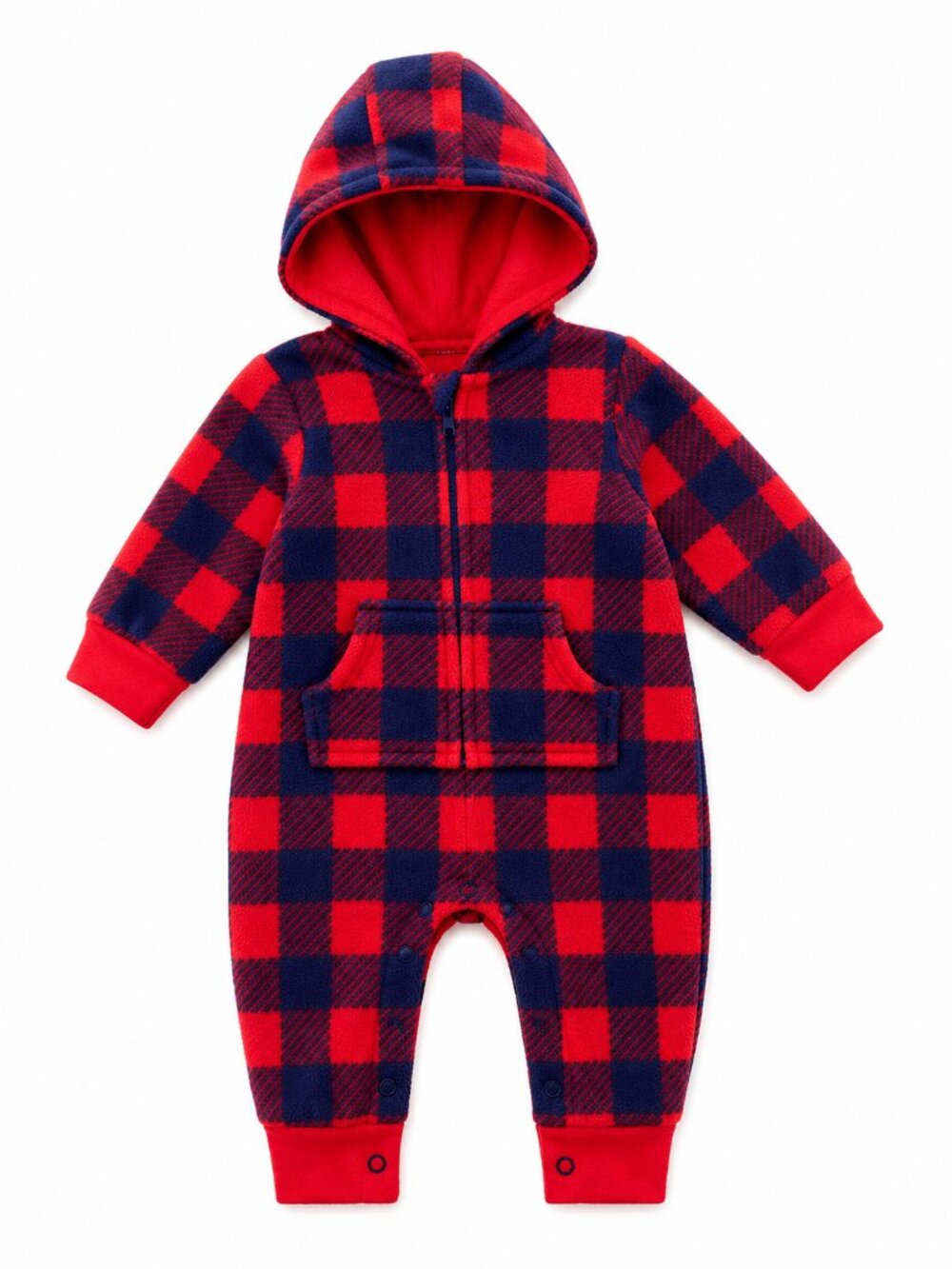 Baby Hooded Fleece Jumpsuit | Red & Blue Plaid Winter Romper | Cozy One Piece